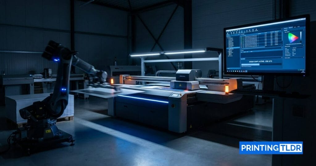 Automated large format print shop operating during ghost shift with robotic material handling and RIP software displays