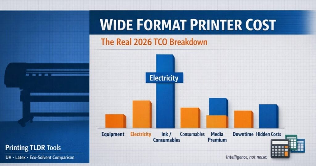 Wide format printer total cost of ownership breakdown showing hidden costs including electricity, consumables, media premiums, and downtime for UV, latex, and eco-solvent technologies